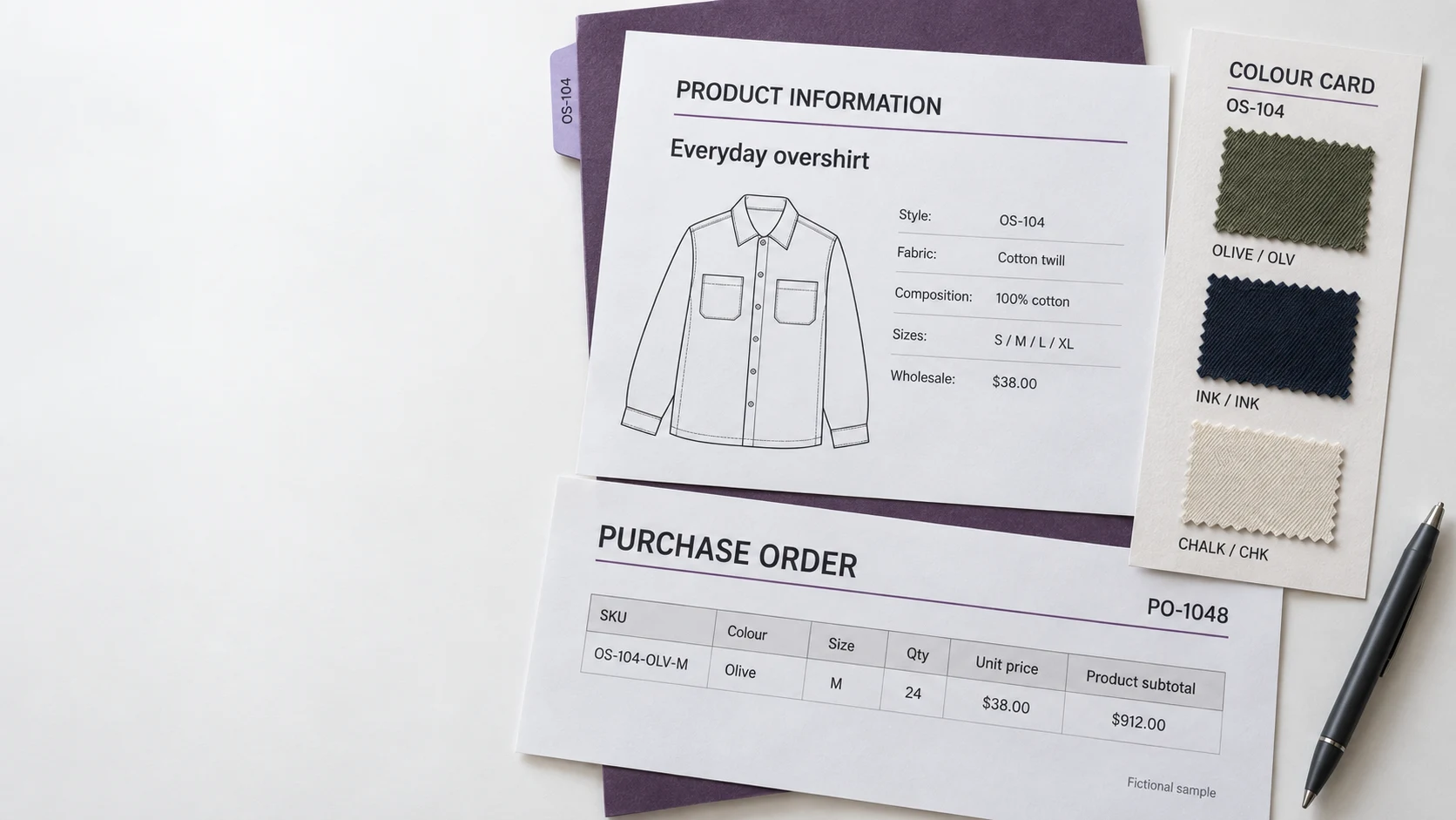 Product information sheet, labelled color card and buyer purchase order for an Olive overshirt